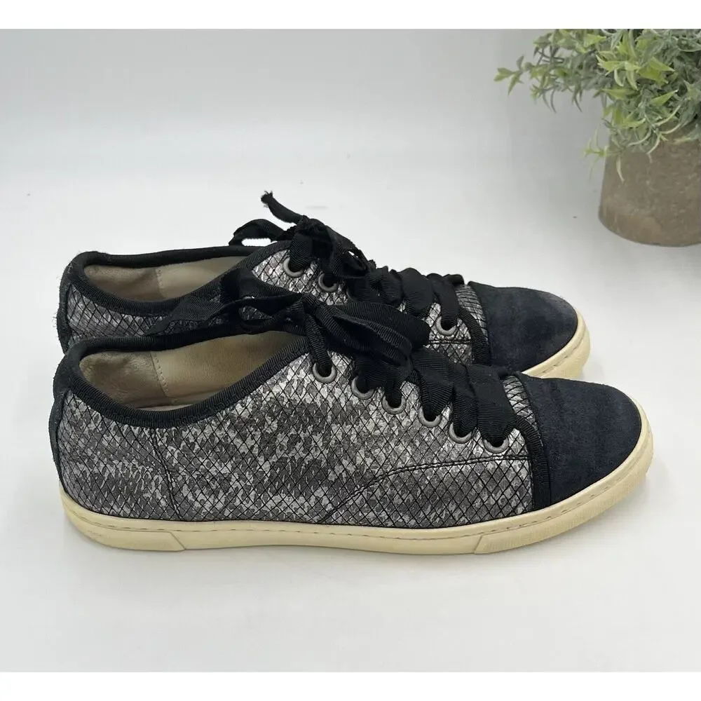 Lanvin Paris Black Pewter Calf Hair Leather Ribbon Lace Up Low-Top Sneakers Sz 7